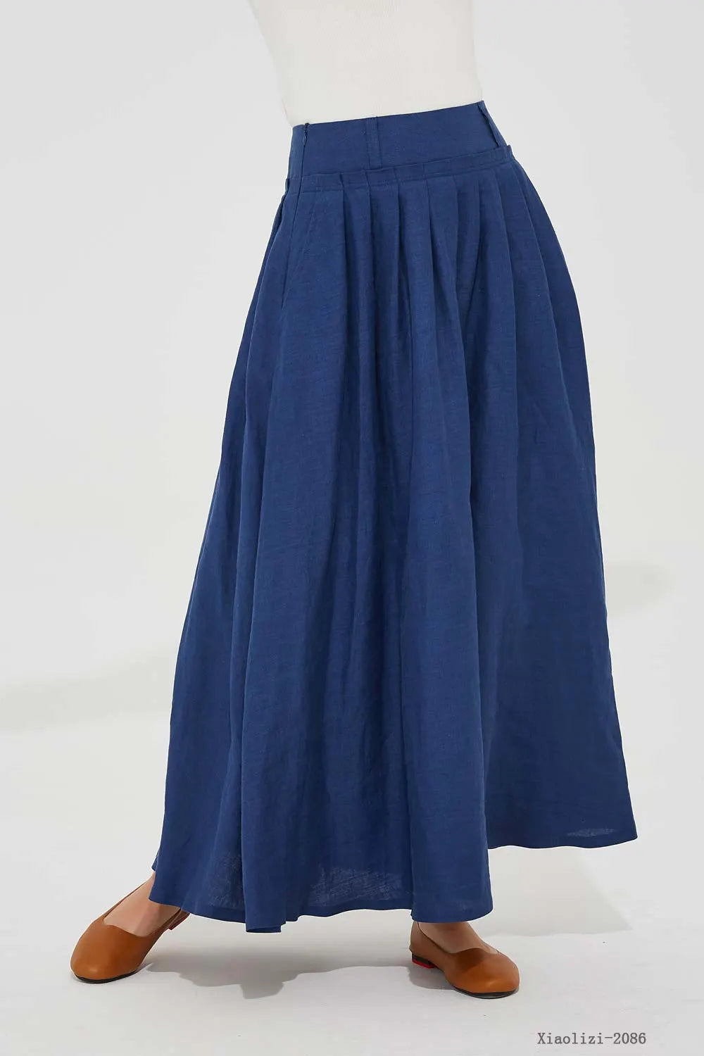 Blue Linen Maxi Skirt - Handmade Pleated Waist with Pockets 2086
