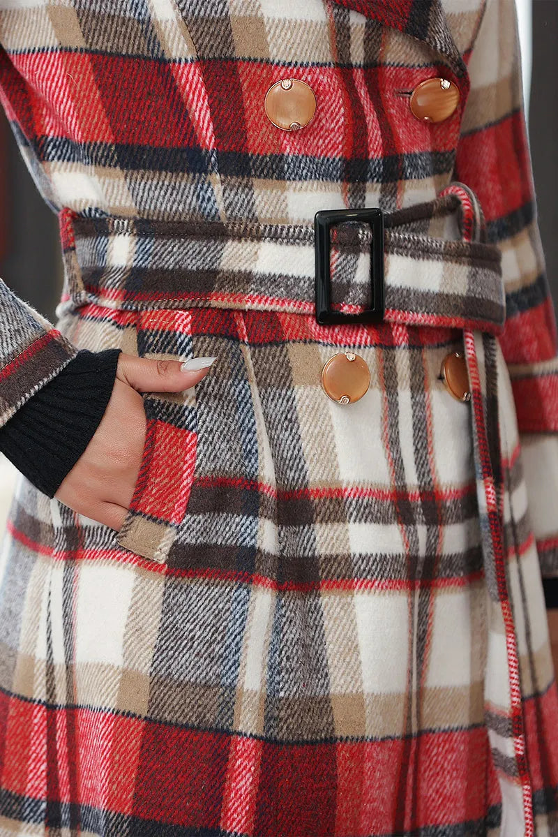 Handmade Red Plaid Wool Coat – Vintage Belted Long Winter Overcoat 