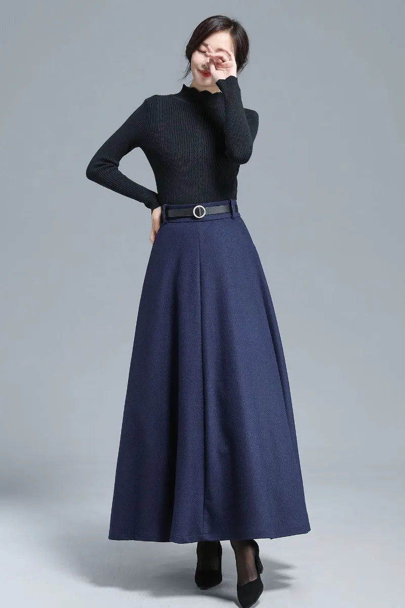 Navy Wool Maxi Skirt - High Waist, Elastic Back 3140