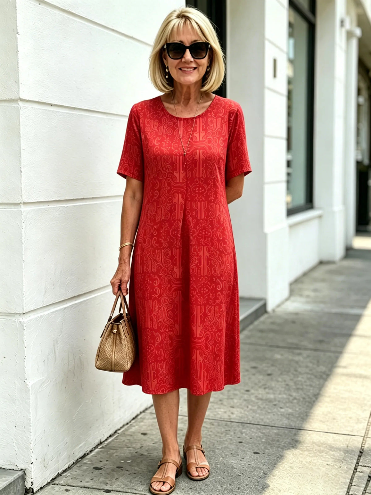 Blue Paisley Print Loose Midi Dress, Round Neck Short Sleeve Tummy Concealing Slimming Temperament Dress for Mature Wome