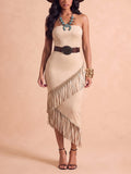 Western-Style Dress — Sand-Colored Strapless Faux Suede Tassel Midi Dress