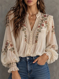 Botanical Ruffle-Yoke Lace-Insert Blouse