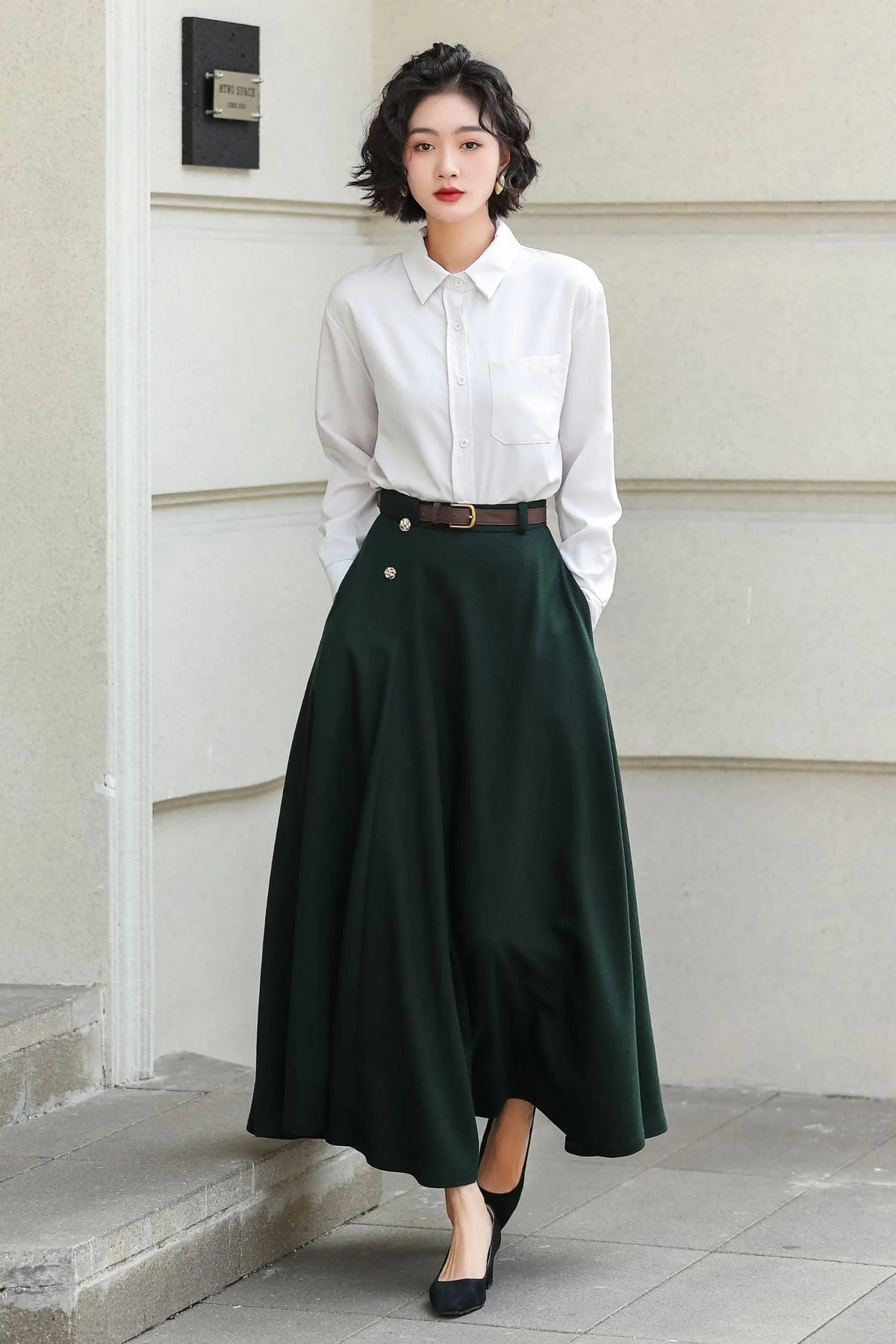 Dark Green Wool A-Line Ankle-Length Skirt - Flowy Elegant Winter Style 6976
