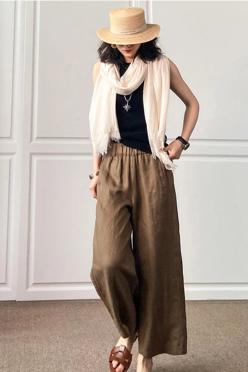 Beige Cotton Linen Wide Leg Pants - Loose Fit with Elastic Waist 3496