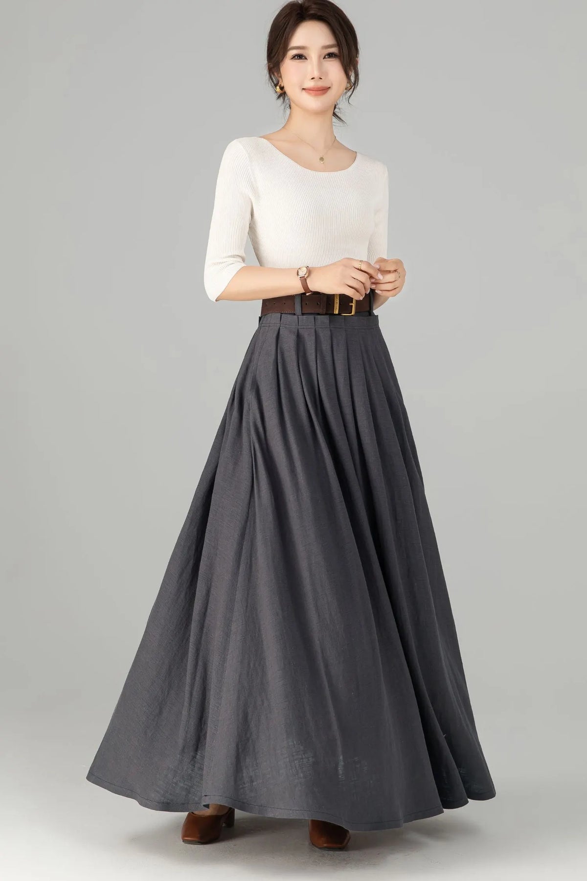 Dark Grey Linen Cotton Maxi Skirt - Pleated Waist with Side Pockets 5701