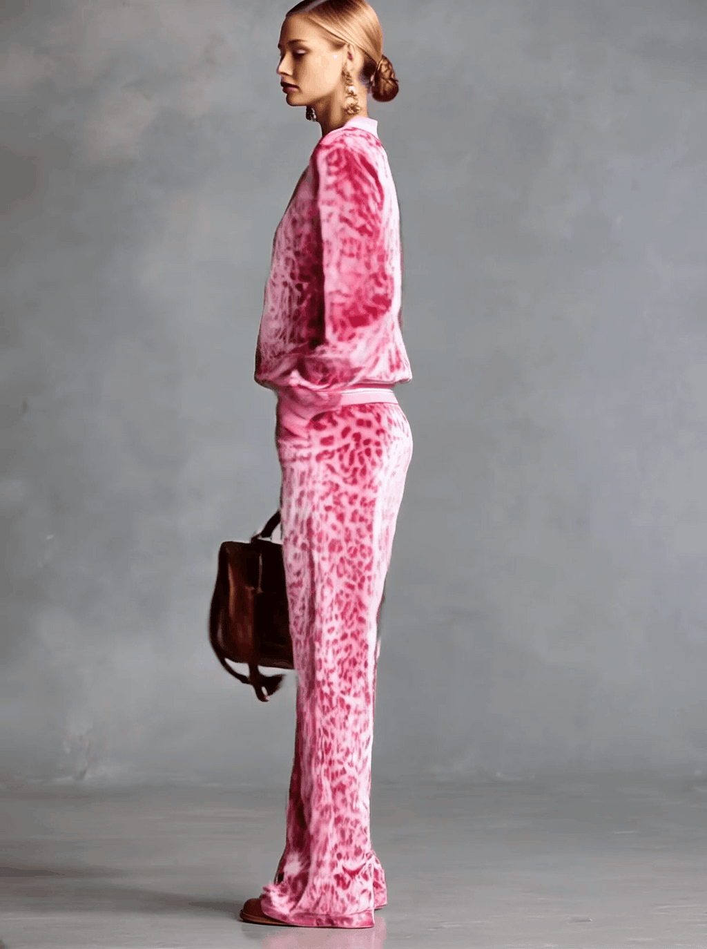 Casual Sporty Retro Pink Velvet Leopard Print Sweatshirt And Wide-Leg Pants Set