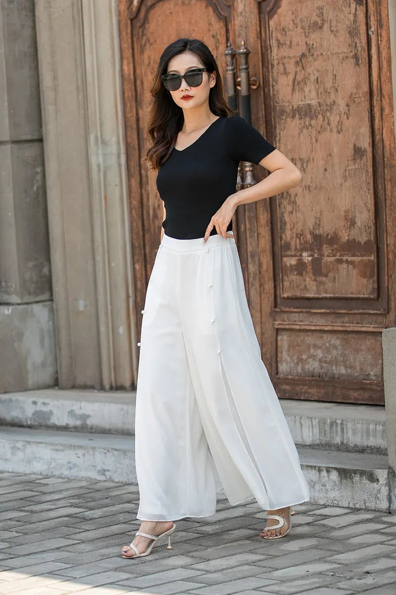 White Chiffon Wide-Leg Pants - High Waist Split 