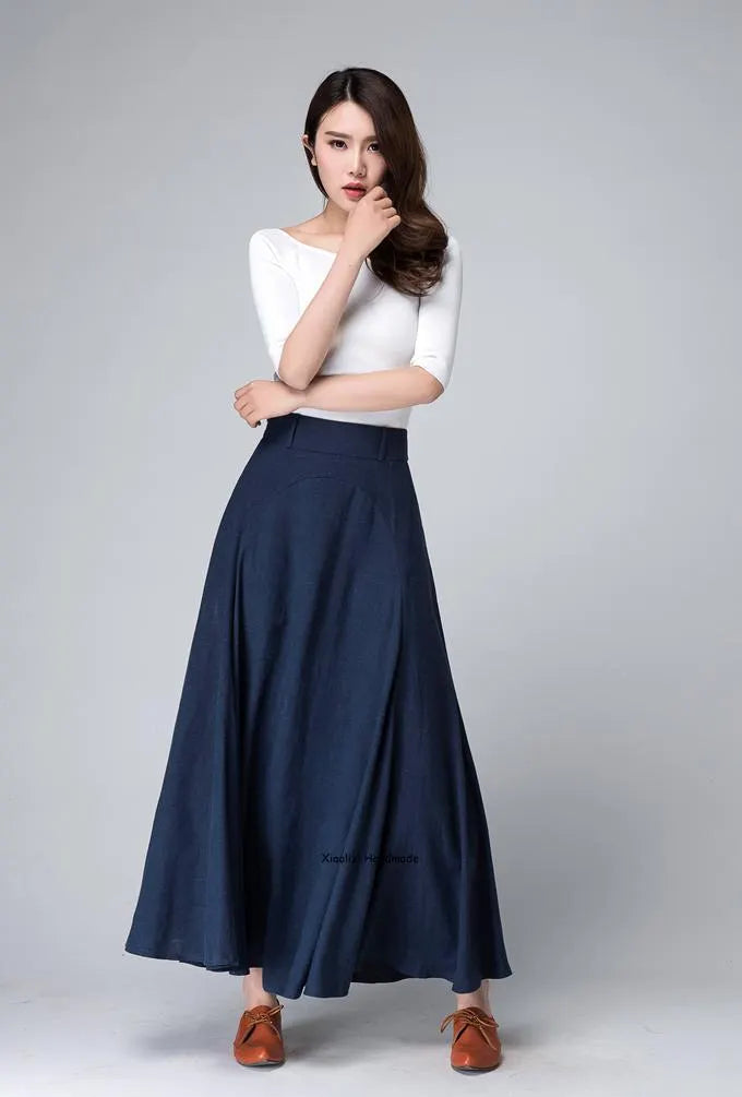 Navy Linen A-Line Maxi Skirt - Flowy High-Waisted Silhouette 1497