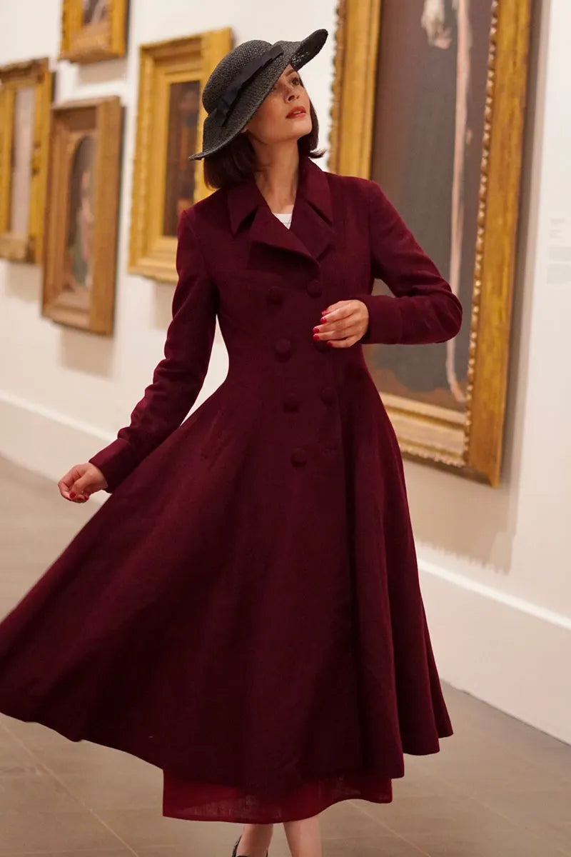 Xiaolizi Vintage Burgundy Wool Coat for Women – Handmade Double Breasted Fit-and-Flare Winter Coat 3864