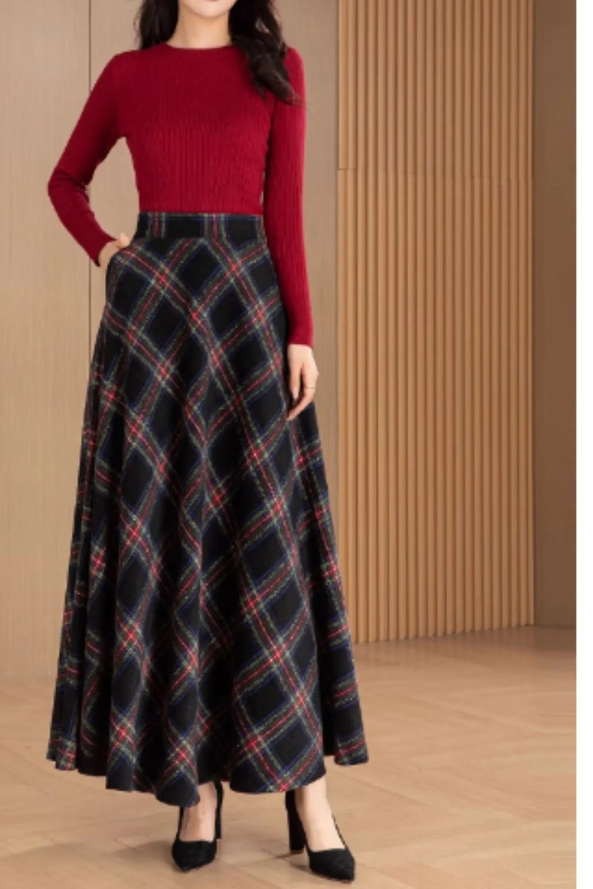 Handmade Black Red Plaid Wool Maxi Skirt – Vintage High Waist A-line Winter Elegance 