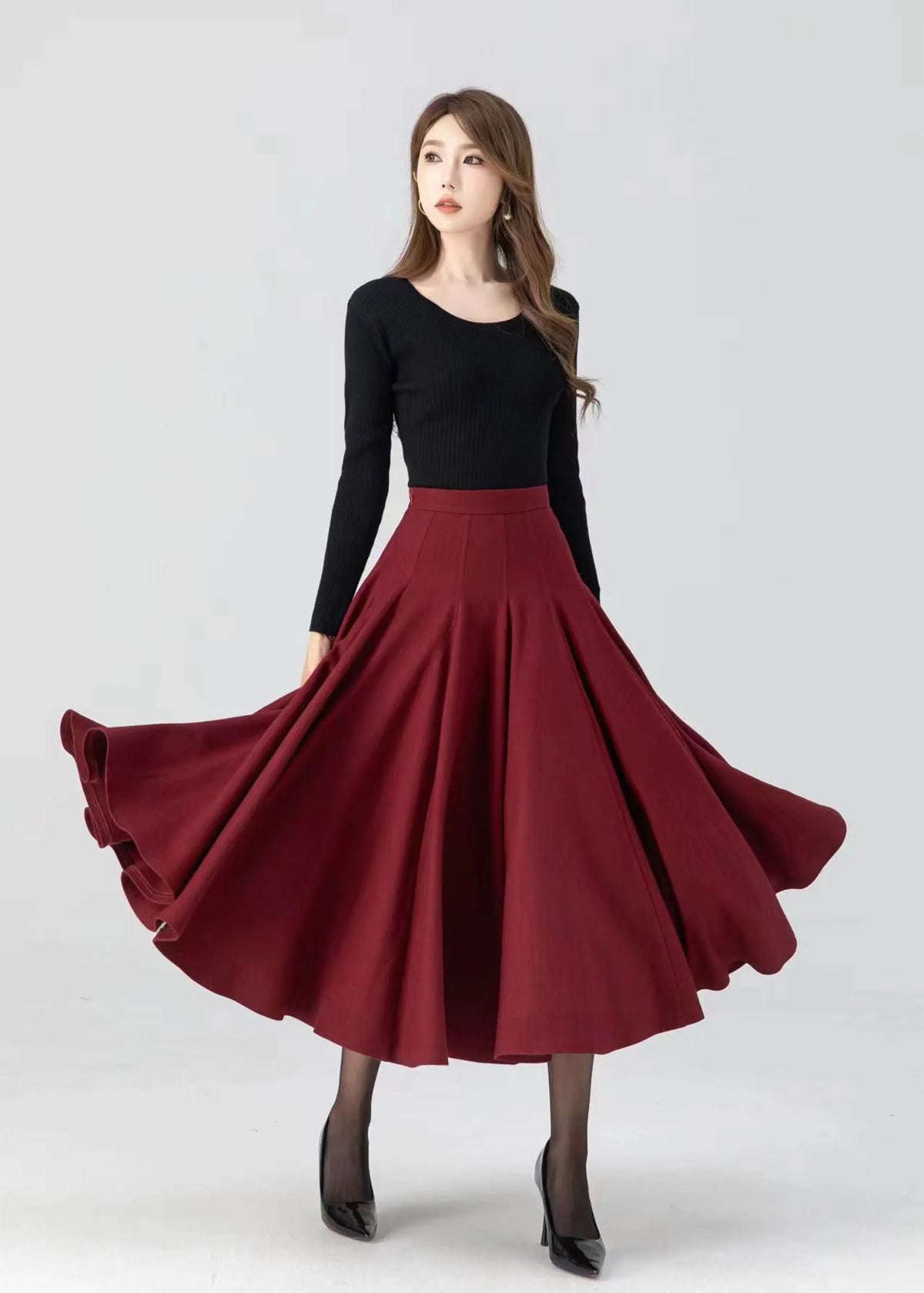 Women's Red Wool Swing Midi Skirt – Warm Winter Pleated High Waist Skirt 