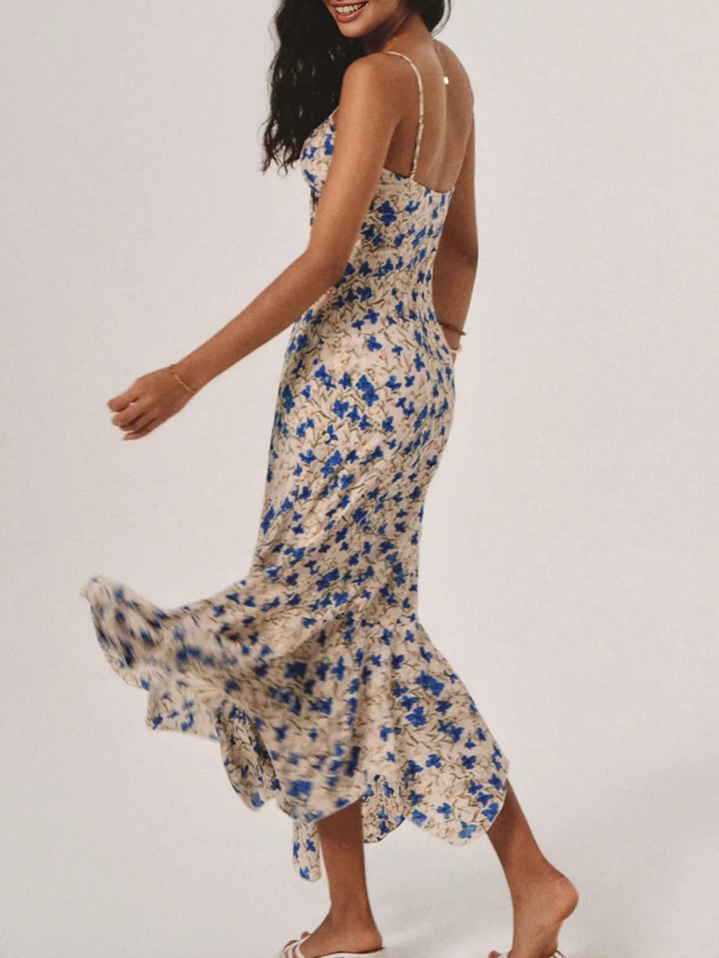 Vacation Tight Waist Floral Print Strap Sheath Long Dress