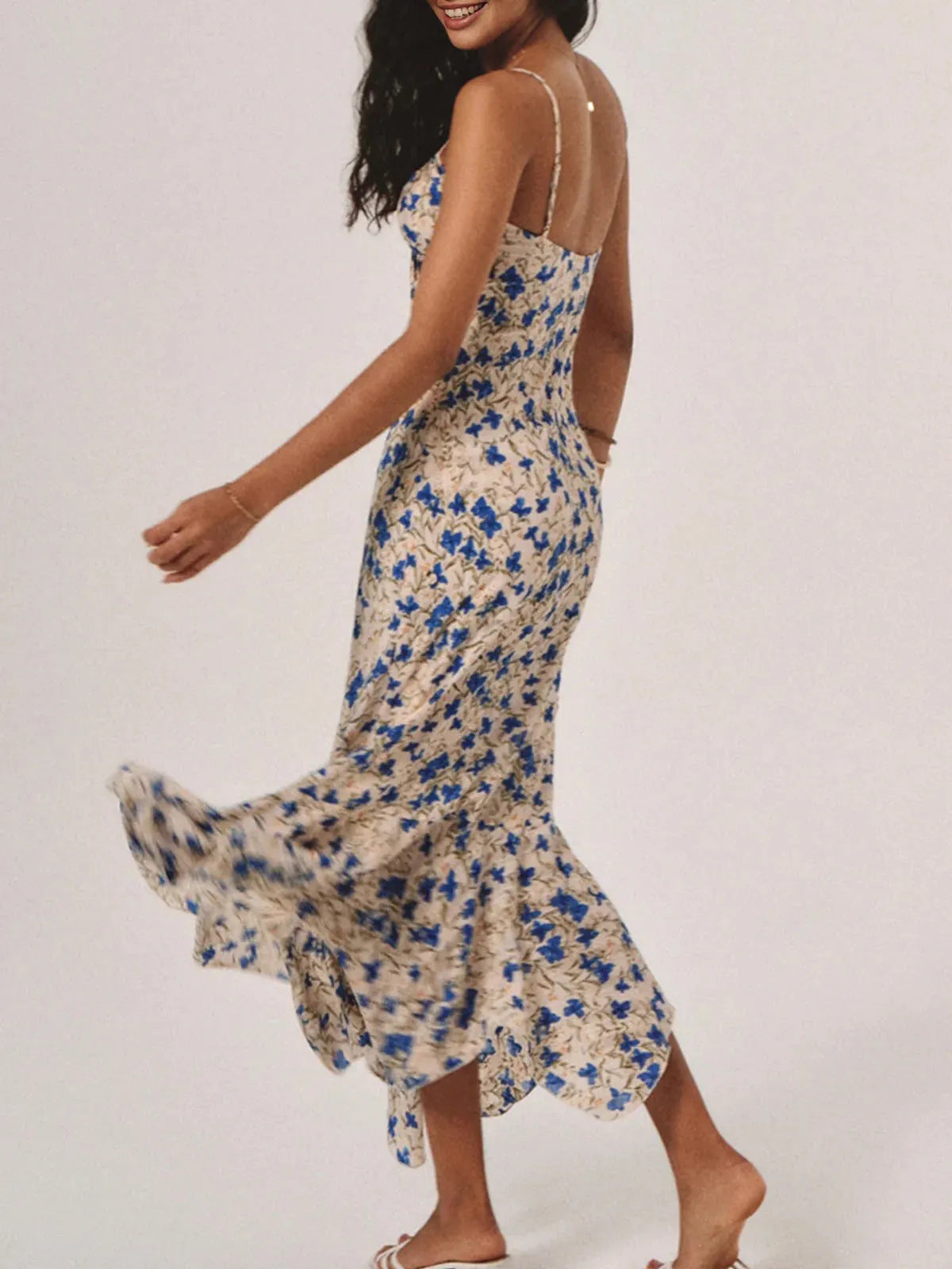 Vacation Tight Waist Floral Print Strap Sheath Long Dress