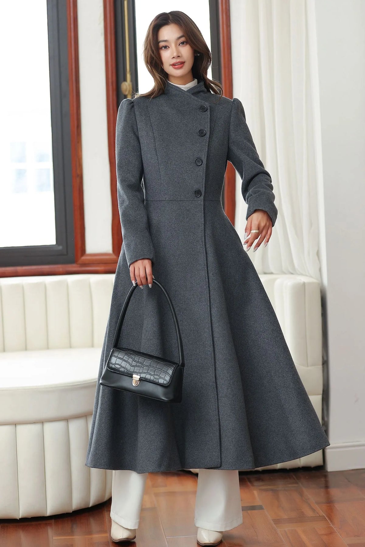 Dark Gray Wool Long Coat – Vintage A-Line Winter Overcoat with Pockets 4027