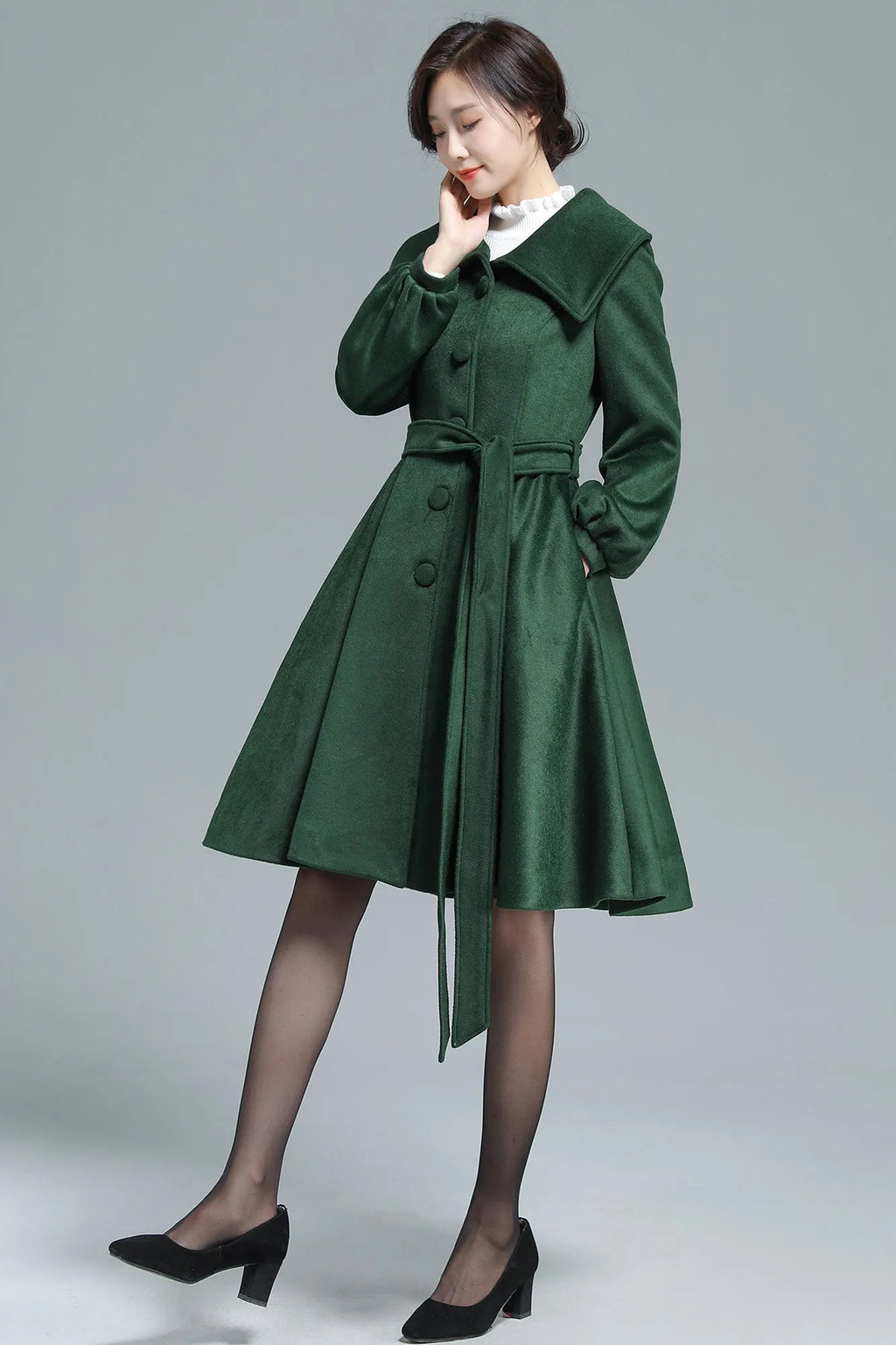 Army Green Wool Coat - Belted Swing Silhouette 3131