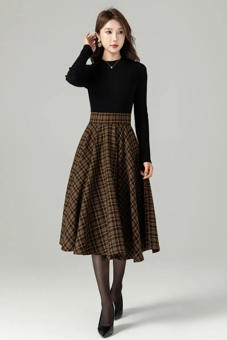 Brown Plaid Wool Midi Skirt – Vintage Swing High Waist Winter Skirt with Pockets 4498