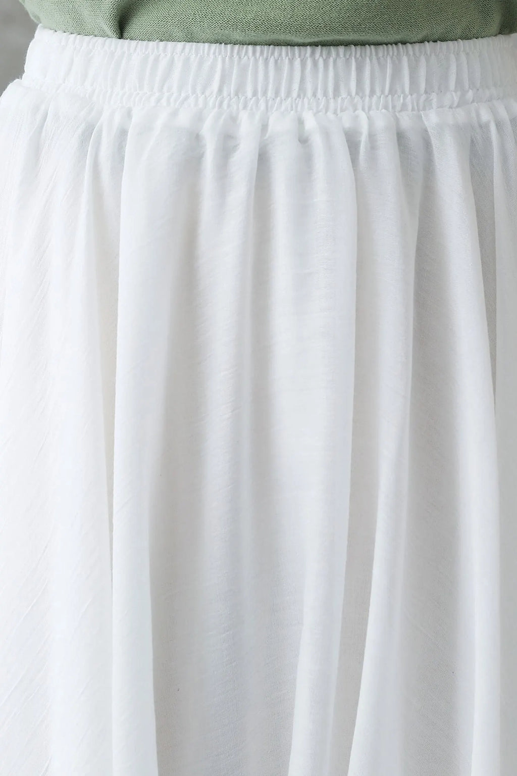 White Linen Maxi Swing Skirt, Pleated Elastic Waist 