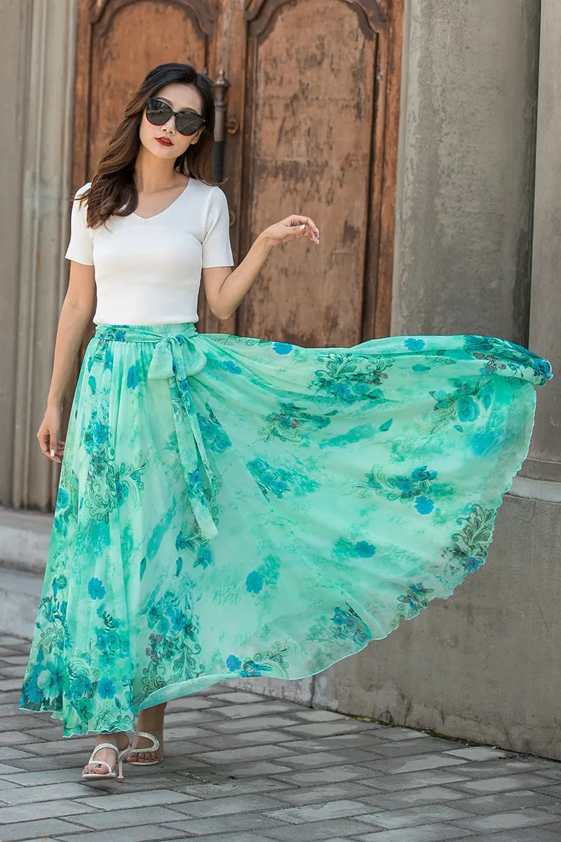 Floral Chiffon Maxi Skirt - Swingy Elastic Waist with Belt 3437