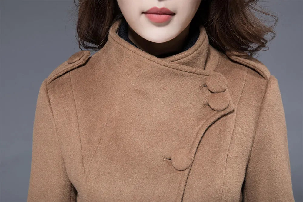Xiaolizi Camel Long Wool Coat for Women – Handmade High-Neck Fit-and-Flare Winter Coat 1826