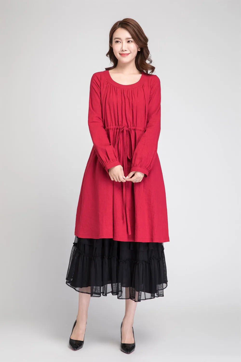 Red Linen Tunic Dress - Drawstring Waist, Pleated Blouson Sleeves 1885