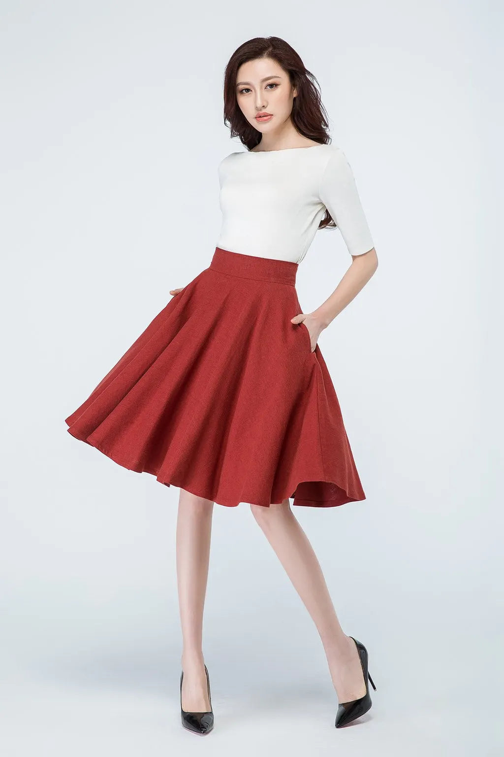 Rust Red Linen Circle Skirt – Vintage 50s High Waist Skater Skirt with Pockets 1689
