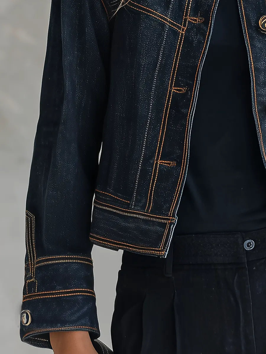 Women’s Cropped Navy Contrast Stitching Denim Jacket