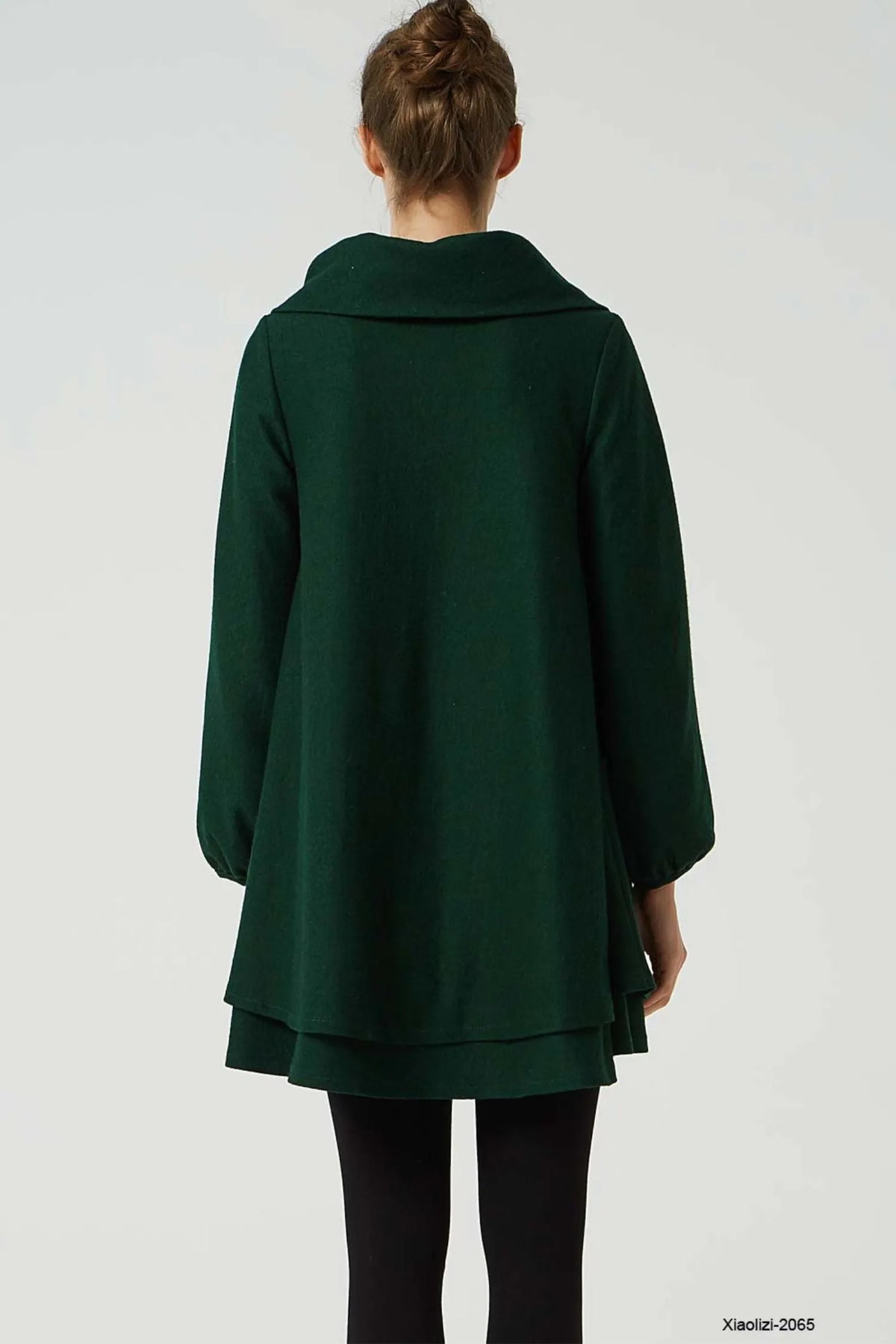 Army Green Wool Tunic Dress - Draped Cowl Neck & Layered Hem 2065