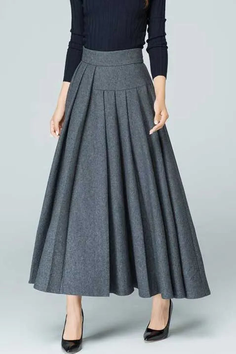 Grey Wool Blend Maxi Skirt – Handmade High Waist Pleated Winter Elegance 1587