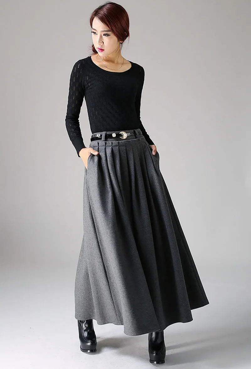 Handmade Dark Gray Pleated Wool Maxi Skirt – Warm A-Line Swing Skirt 1094