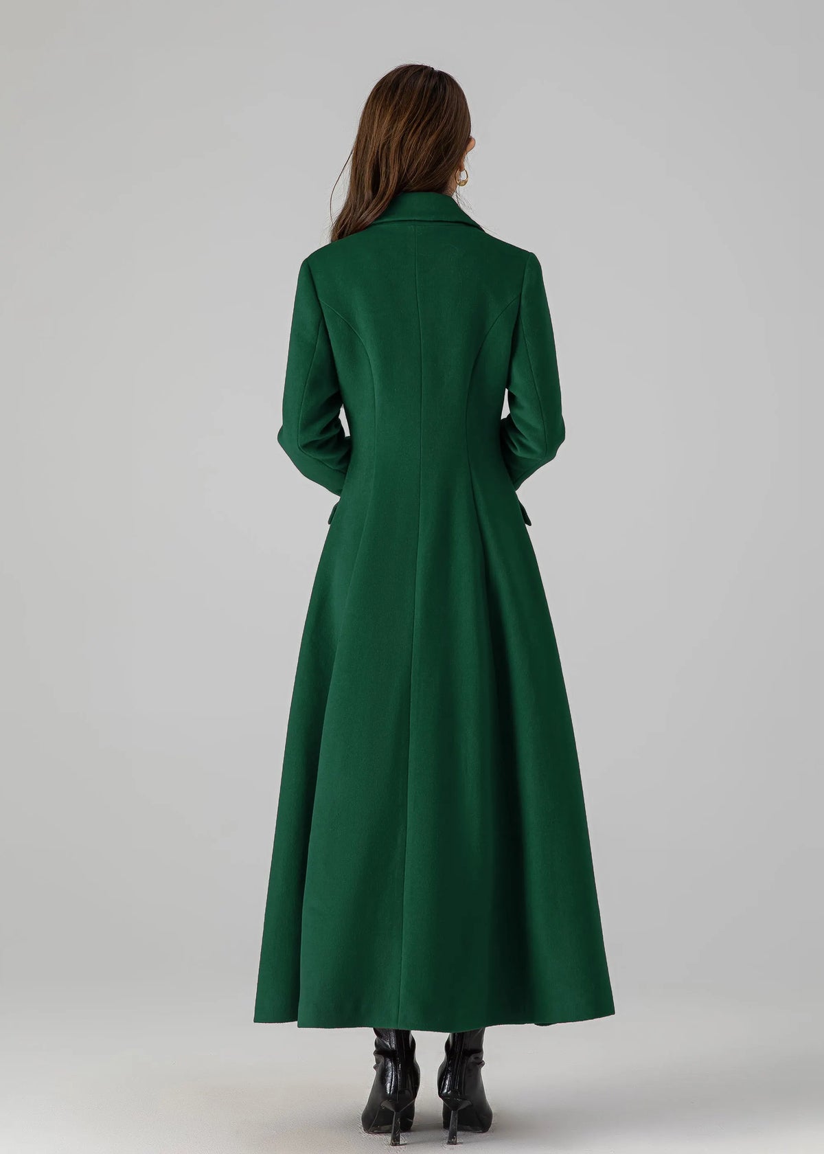 Emerald Wool Long Coat - Flared Silhouette with Classic Collar 5435