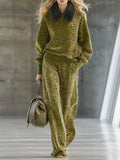 High-end Fashionable Leopard Print Velvet Faux Fur Collar Sweatshirt Wide-leg Pants Suit