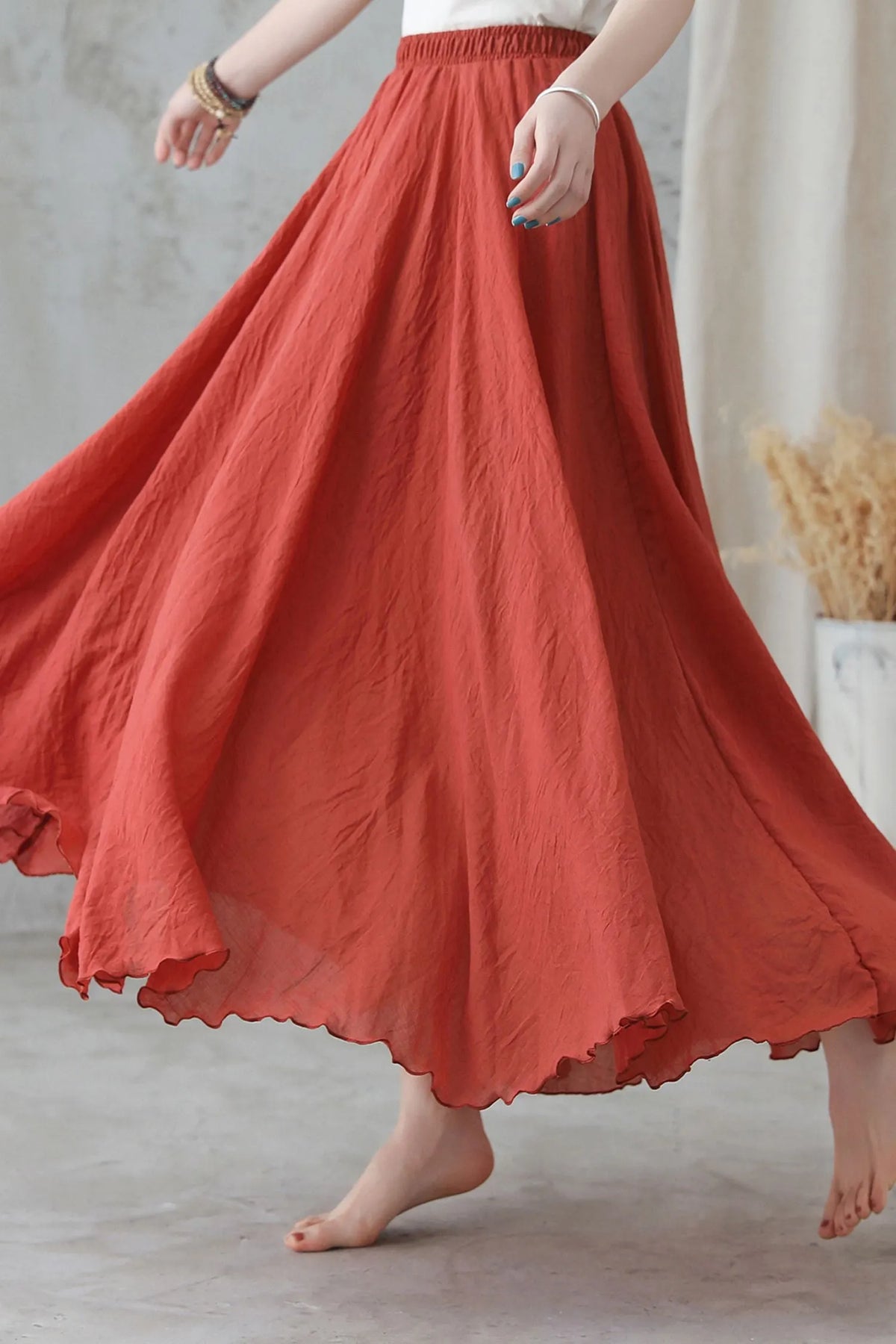 Boho Linen Maxi Skirt, Pleated Elastic Waist 