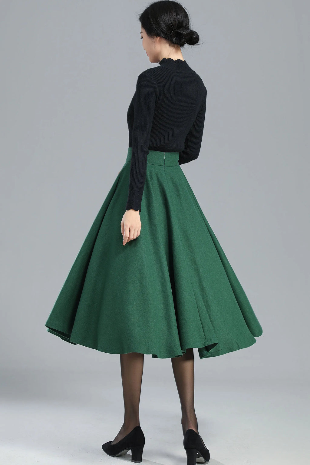 Green Wool Full Circle Skirt - Pleated High Waist Winter Essential 3248