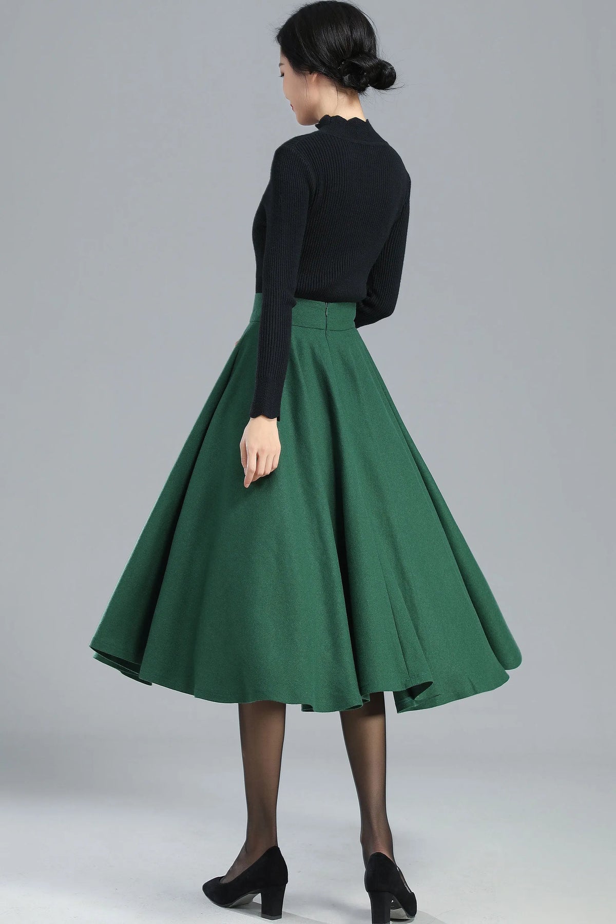 Green Wool Full Circle Skirt - Pleated High Waist Winter Essential 3248