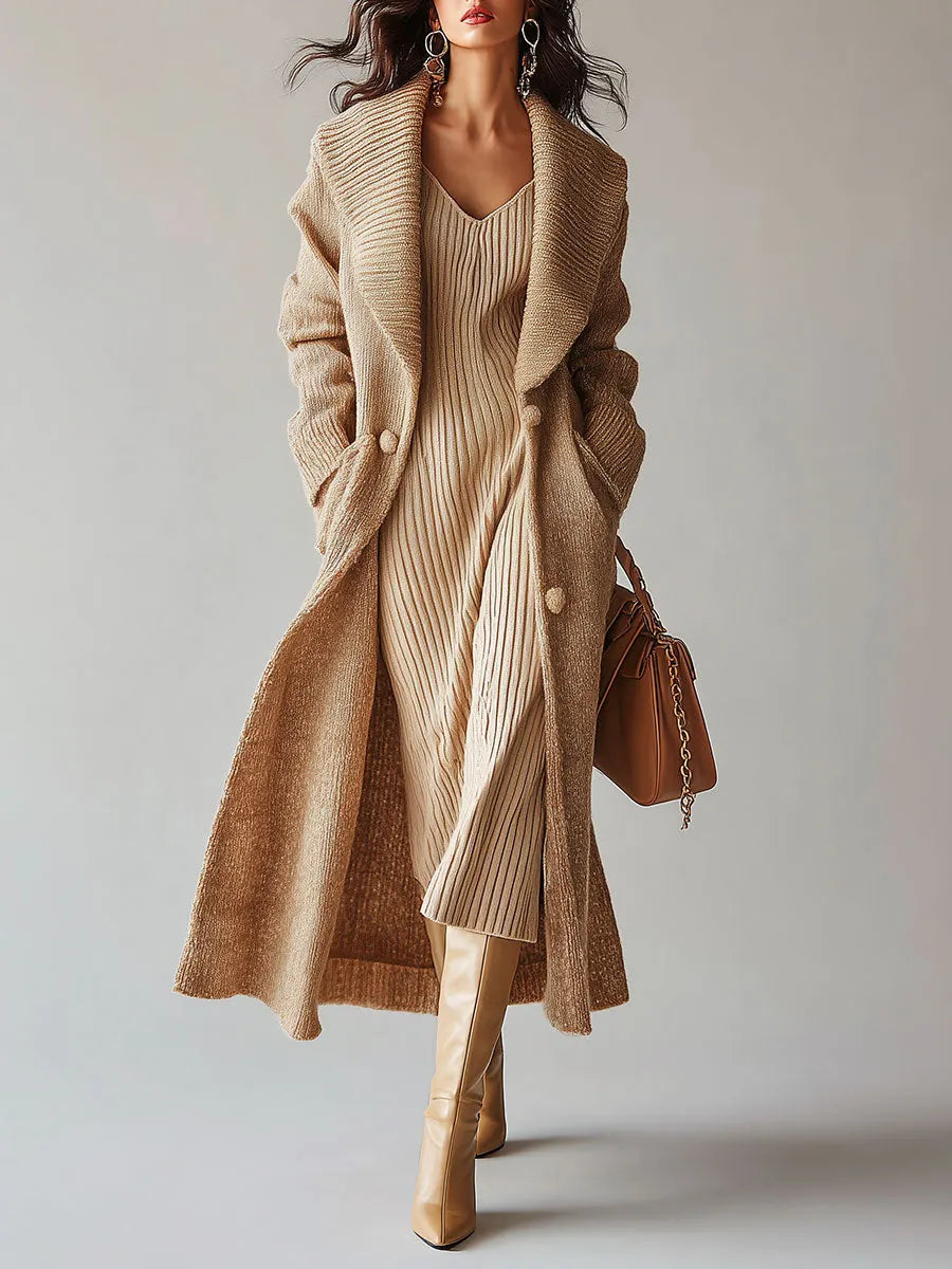 Stylish Beige Longline Knit Cardigan with Oversized Shawl Collar