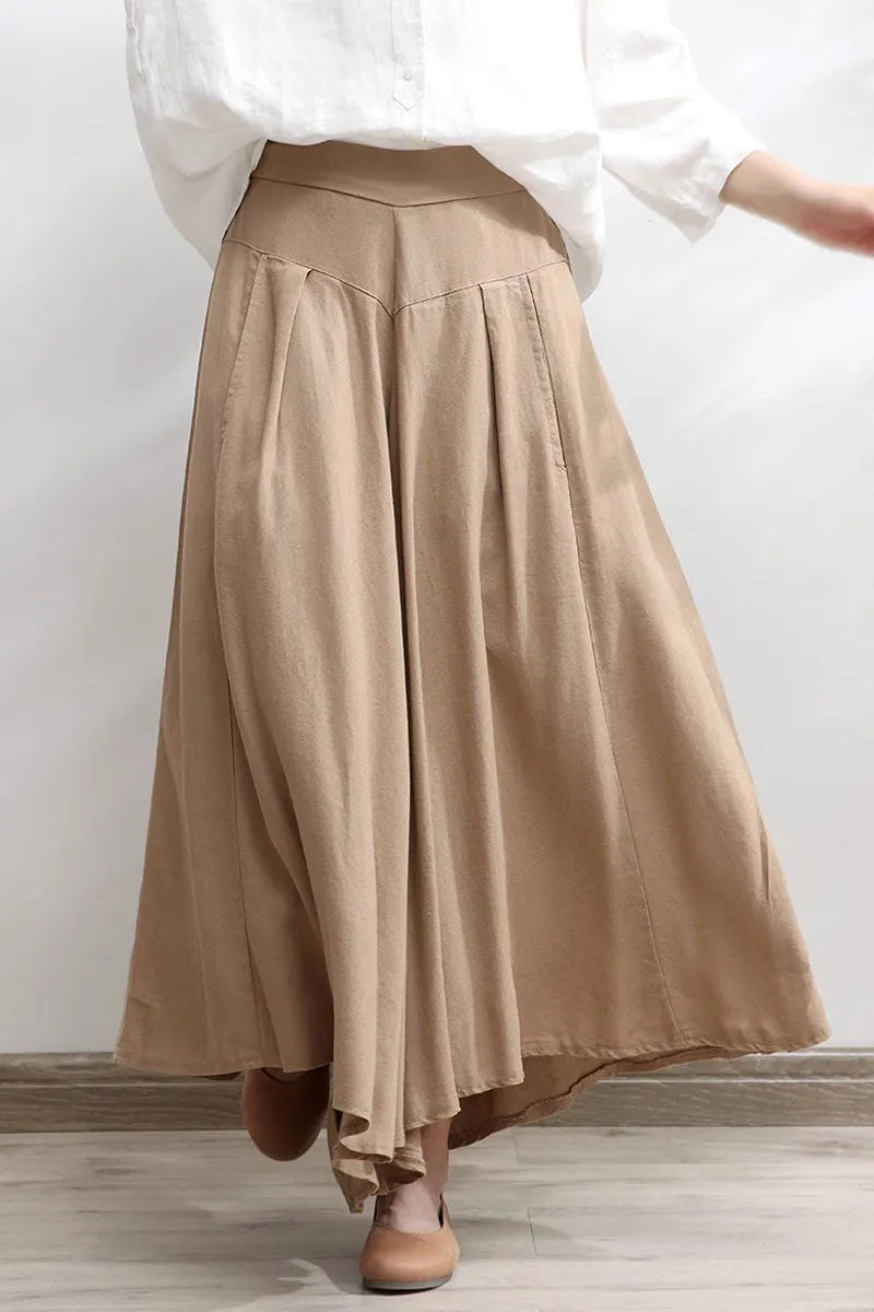 Beige Linen Cotton Wide Leg Pants - Elastic Waist, Asymmetrical Hem 4300