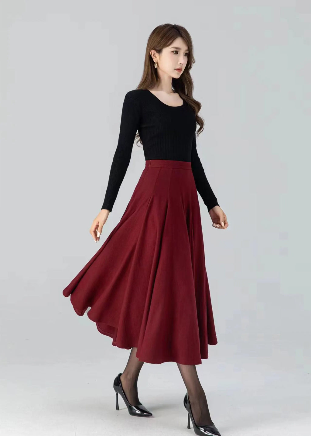 Women's Red Wool Swing Midi Skirt – Warm Winter Pleated High Waist Skirt 