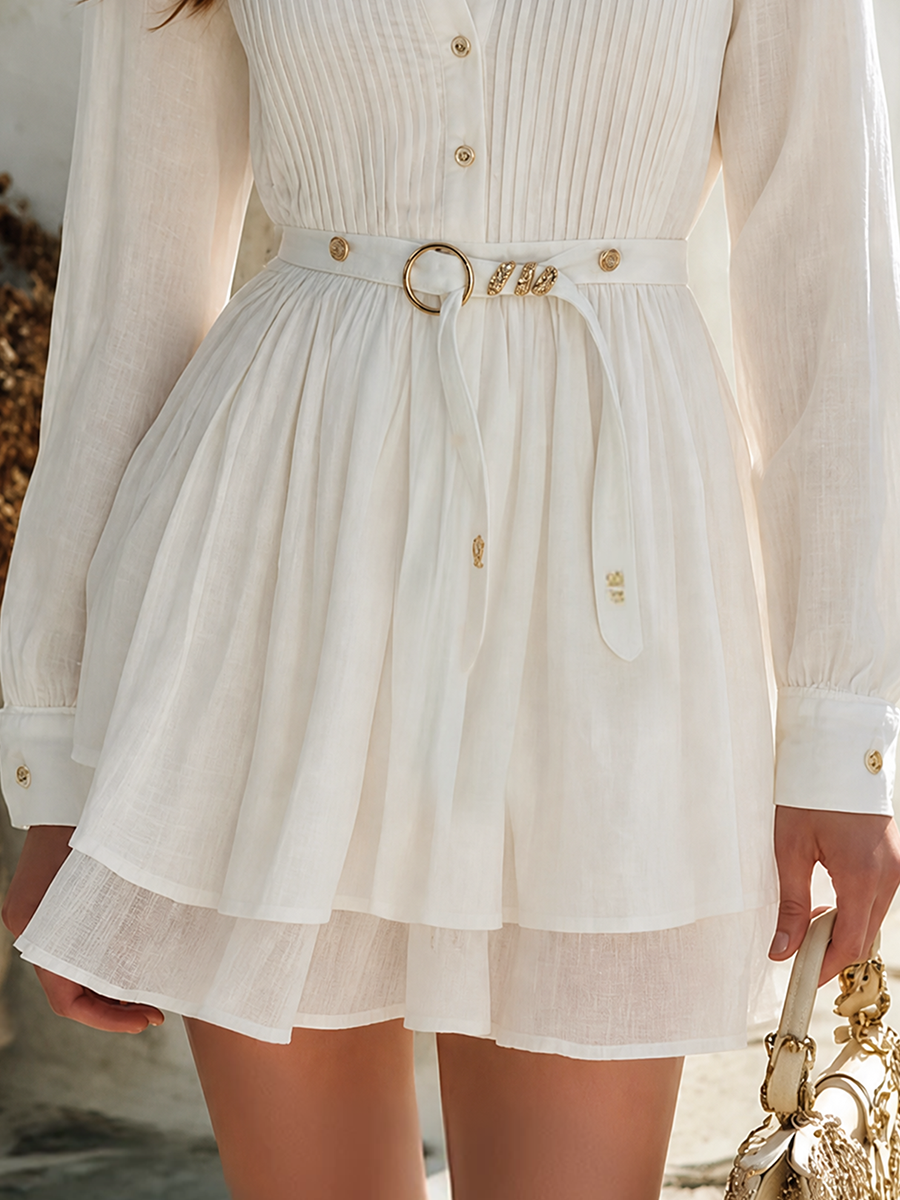 Vacation-style Solid-color Long-sleeve V-neck Mini Dress