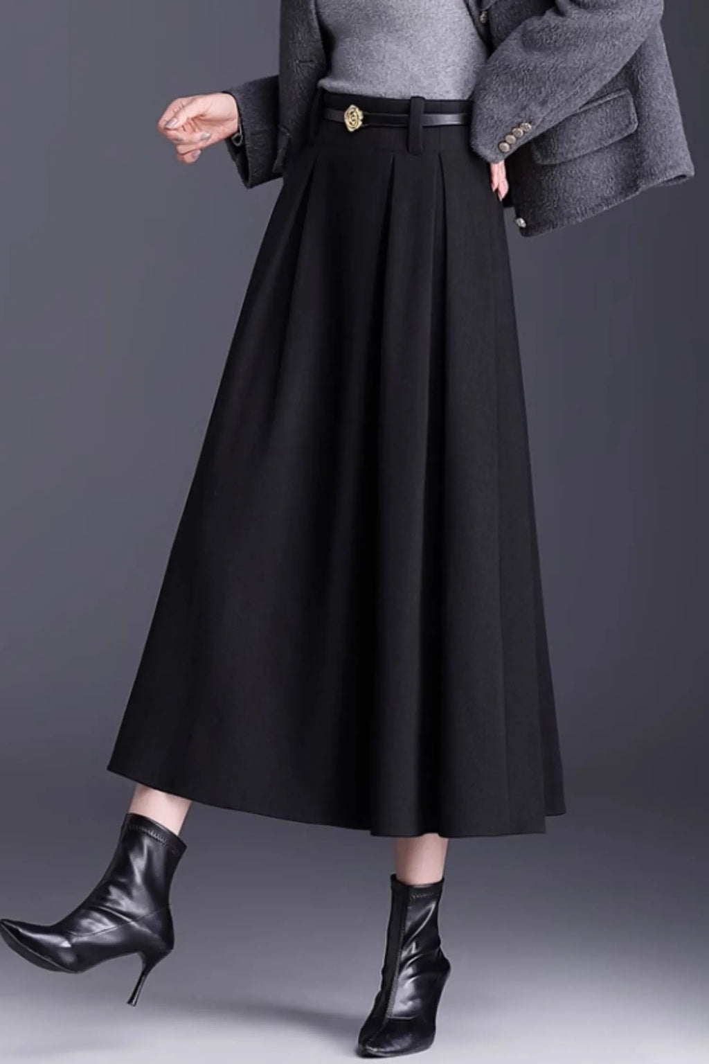 Brown Wool A-Line Midi Skirt - Pleated Elegant Silhouette 6137
