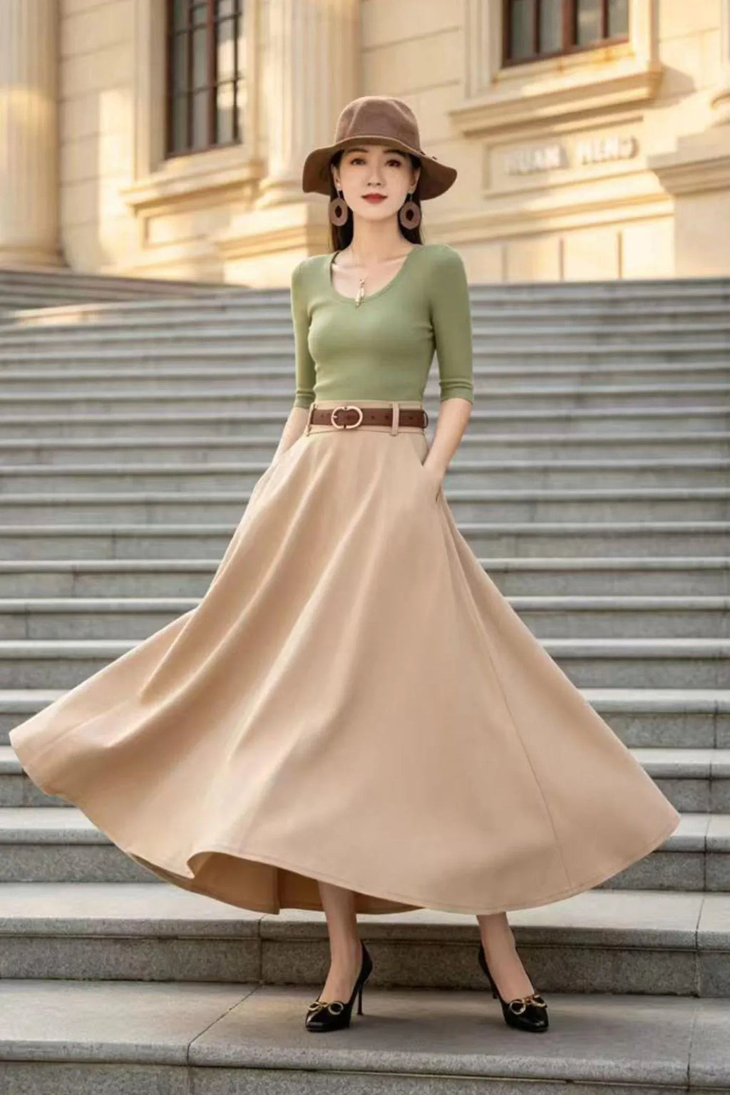 Khaki Cotton Blend Maxi Skirt - High-Waisted A-Line Swing Silhouette 6794