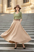 Khaki Cotton Blend Maxi Skirt - High-Waisted A-Line Swing Silhouette 6794