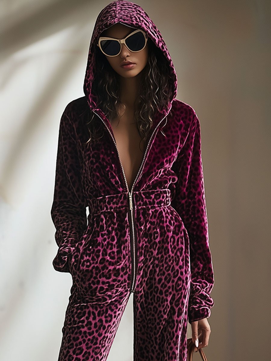 【24-hour shipping out】Casual Retro Purple Velvet Leopard Print Elastic Waist Zipper Hooded Jumpsuit