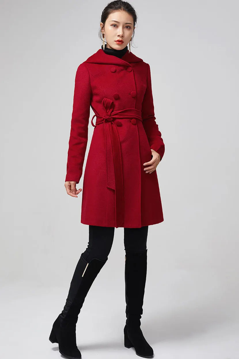 Red Wool Blend Hooded Coat – Handmade Double-Breasted Winter Elegance 2199