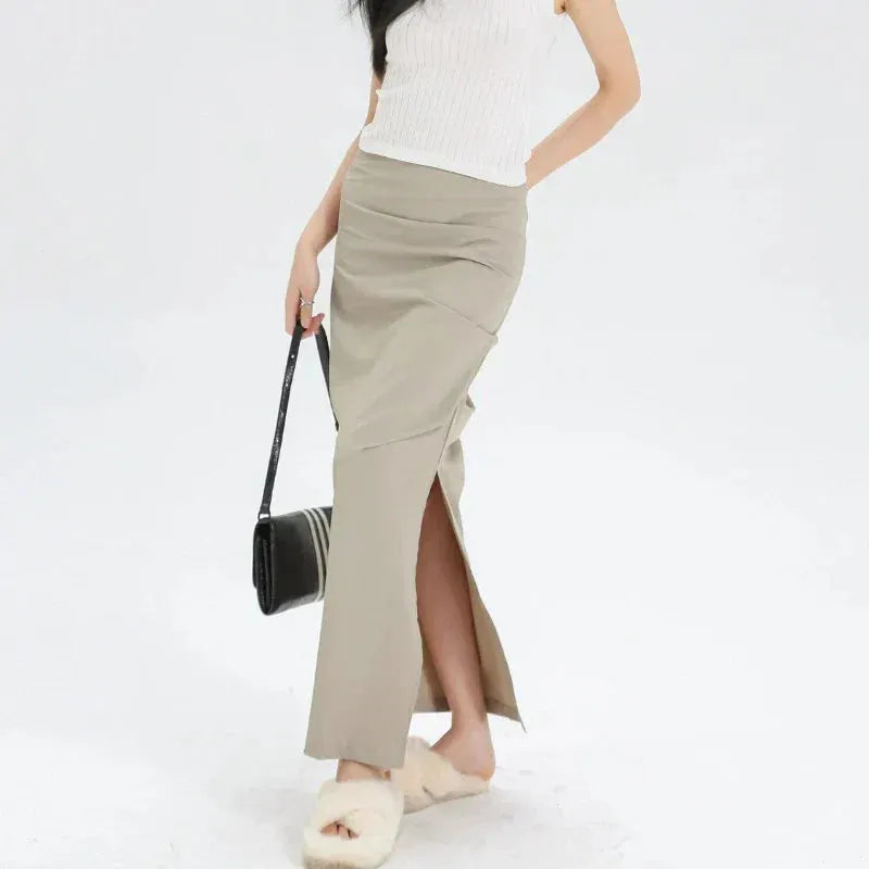 Slit Pleated Solid Long Skirt Vintage Korean Casual Skirt