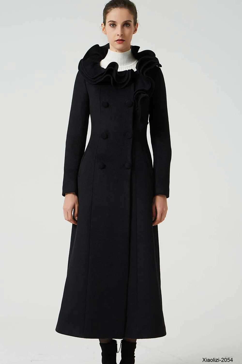 Xiaolizi Black Ruffle Collar Wool Coat for Women – Handmade Maxi Double-Breasted Winter Coat 2054