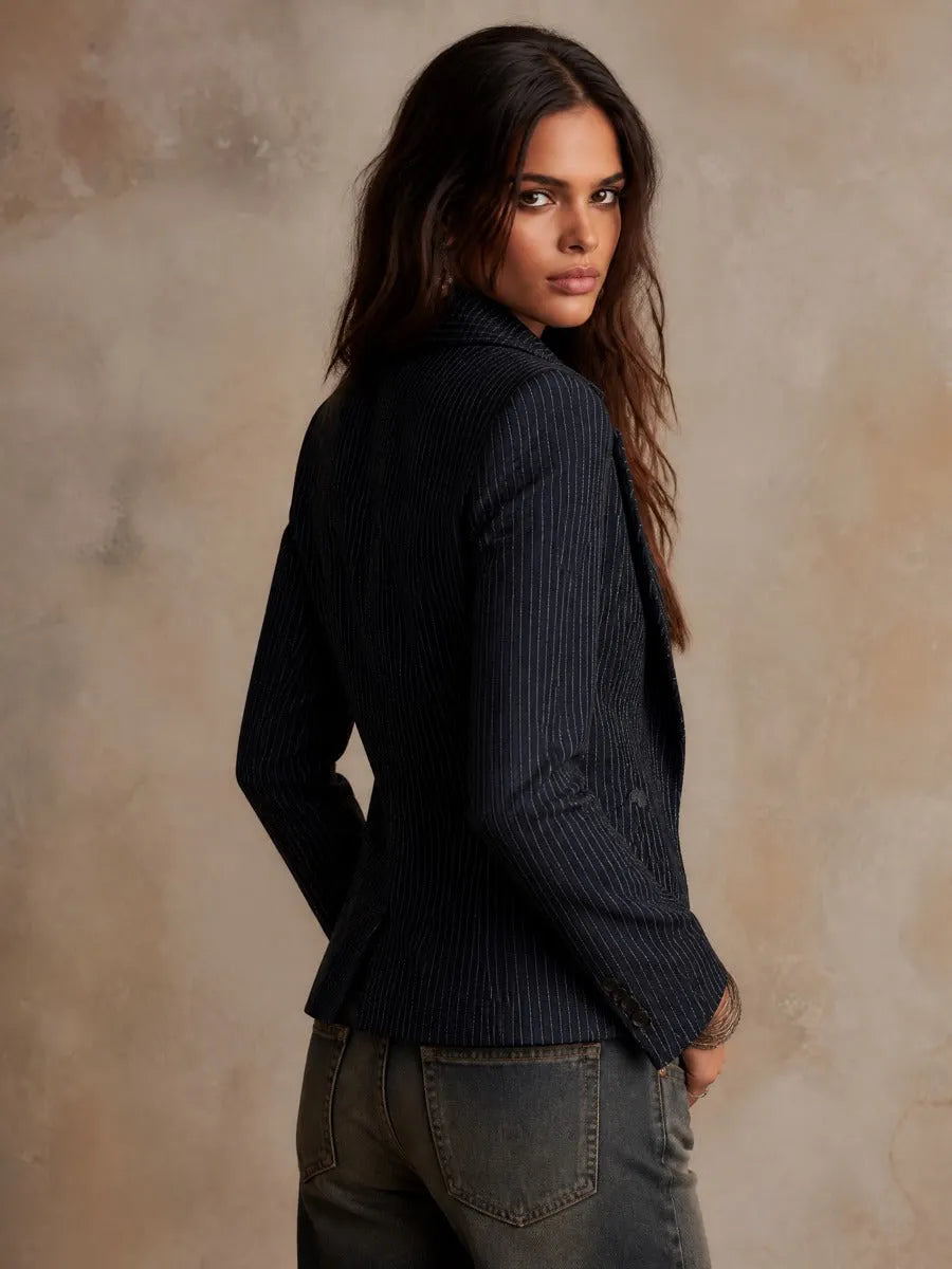 Vintage Denim Pinstripe Double-Breasted Blazer Jacket