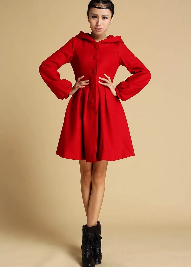 Red Hooded Wool Coat – Single-Breasted Winter Short Coat with Pockets 