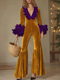 Fashion Party Purple Ruffle Long Sleeve Flared Gold Velvet Jumpsuit