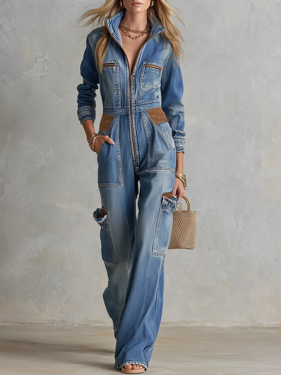 Zip Front Drawstring Waist Wide Leg Coverall Blue Denim Jumpsuit