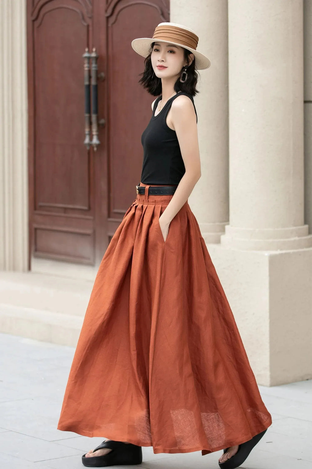 Orange Linen Cotton Blend Maxi Skirt - Pleated High Waist Swing 5191